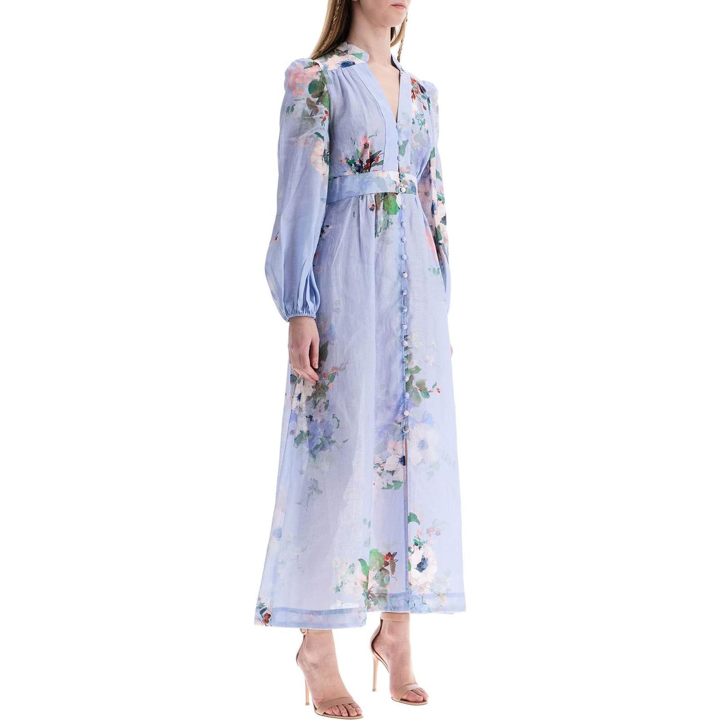 Zimmermann light blue watercolor floral midi dress with deep v neckline