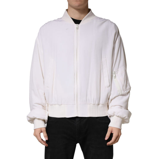 Dolce & Gabbana White Silk Full Zip Bomber Blouson Jacket