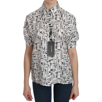 Dolce & Gabbana White Musical Instrument Collared Blouse Shirt