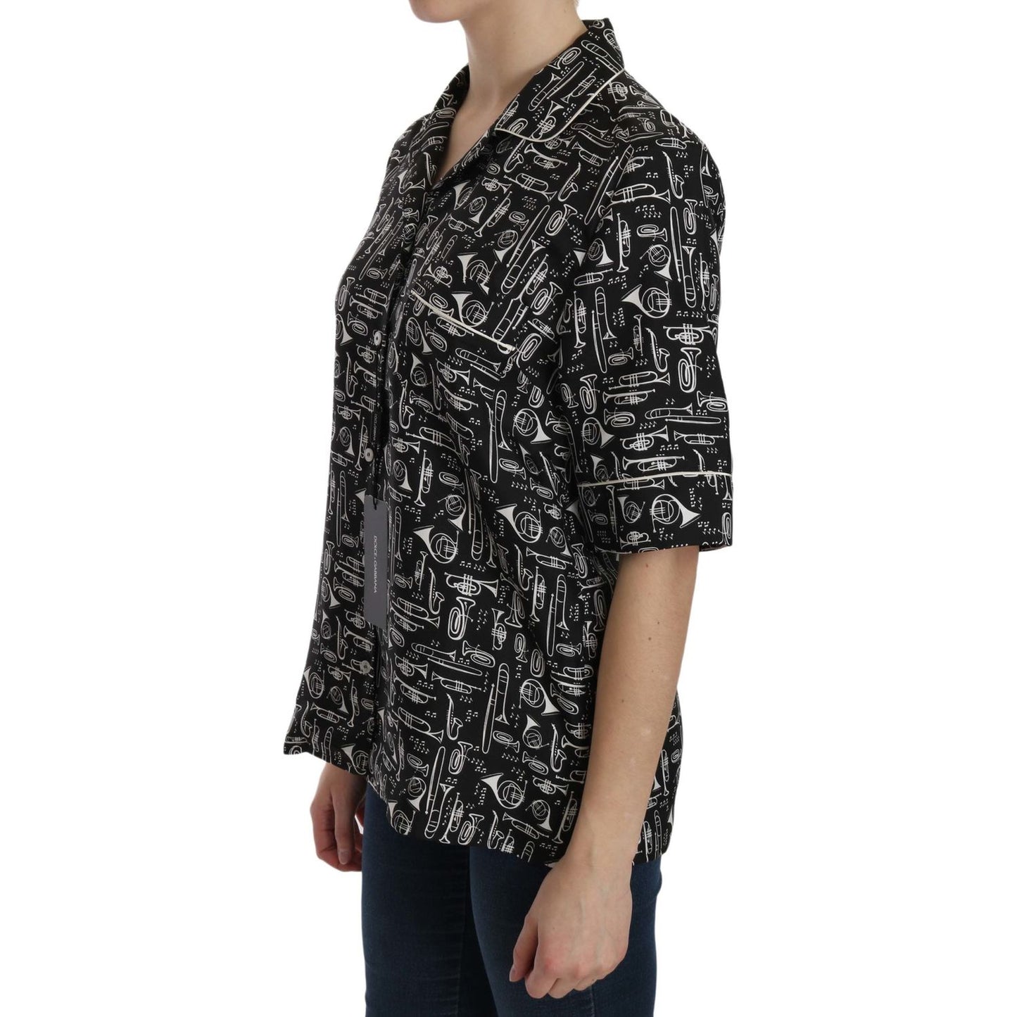 Dolce & Gabbana Black Musical Instrument Print Silk Top
