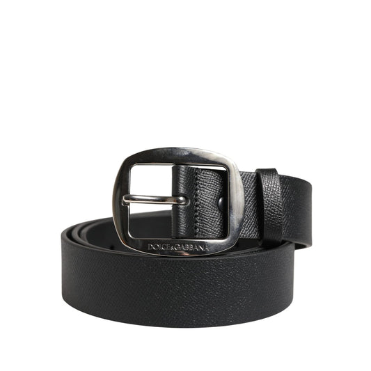 Dolce & Gabbana Black Calf Leather Silver Metal Buckle Belt