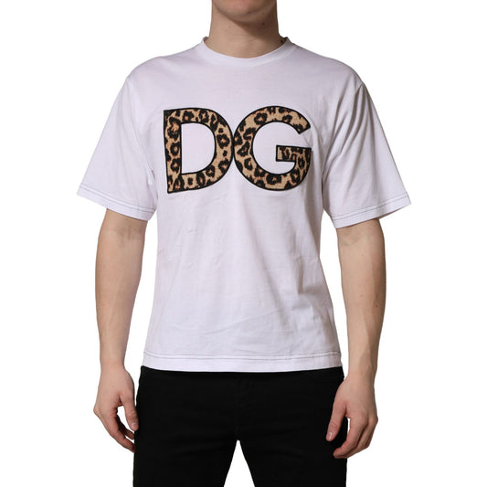Dolce & Gabbana White Leopard Print DG Logo MenCotton T-shirt