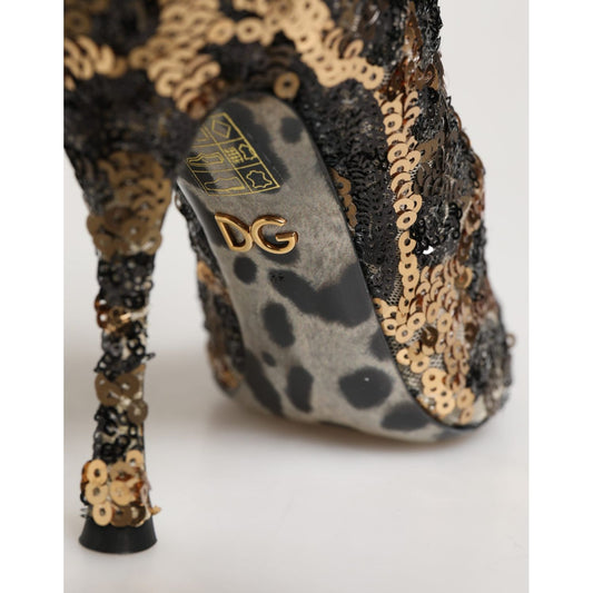 Dolce & Gabbana Gold Leopard Sequin Sock Ankle Boots Shoes
