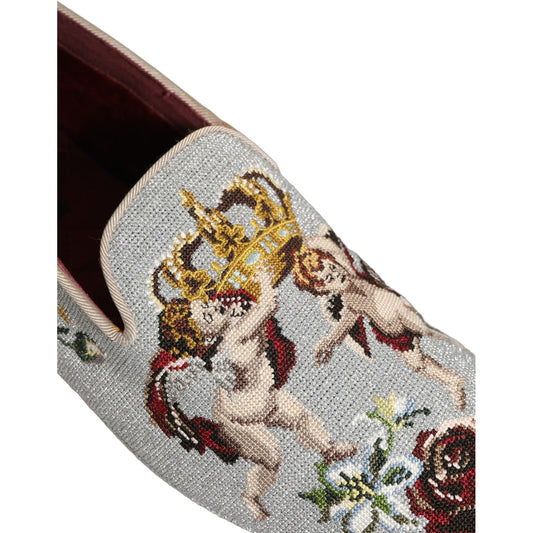 Dolce & Gabbana Gray Crown Rose Angel Embroidery Loafer Shoes