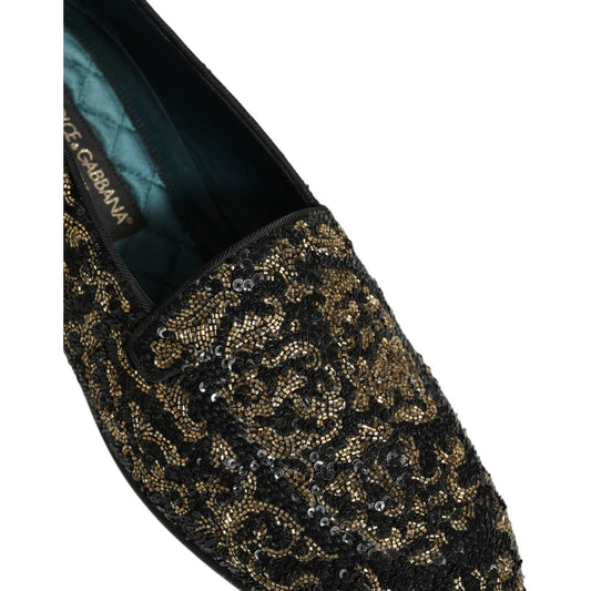 Dolce & Gabbana Black Gold Embellished Dress Loafers Shoes