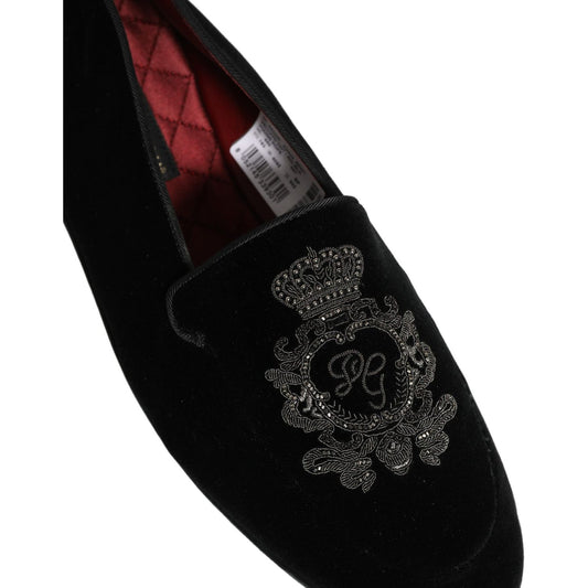 Dolce & Gabbana Black Velvet Crown Embroidery Loafers Shoes