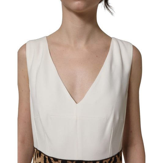 Dolce & Gabbana White Leopard Sleeveless Sheath Midi Dress