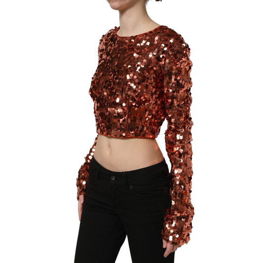 Dolce & Gabbana Red Sequined Long Sleeves Crop Blouse Top