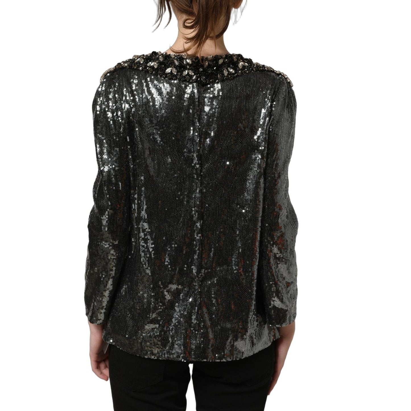 Dolce & Gabbana Metallic Gray Sequin Embellished Blouse Top