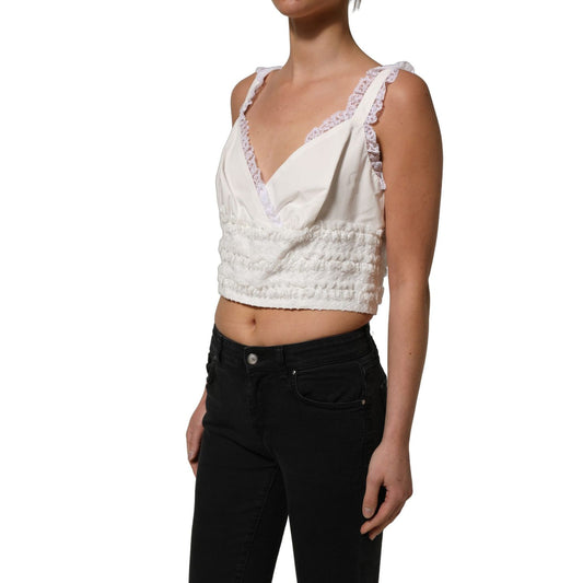 Dolce & Gabbana White Lace Trimmed Cotton Cropped Tank Top