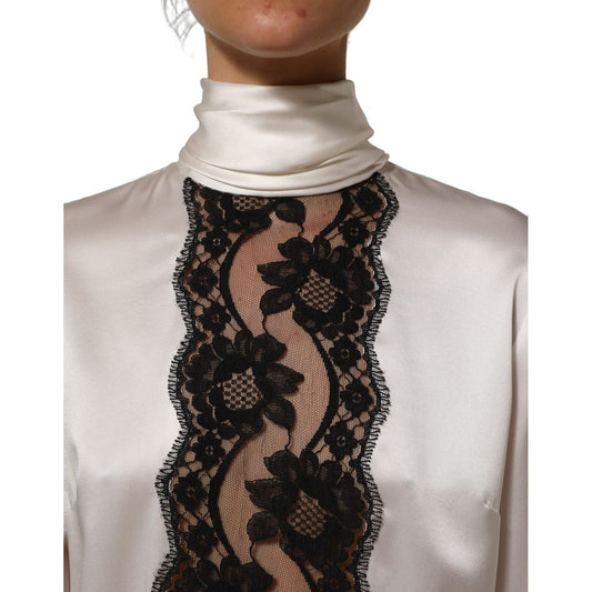Dolce & Gabbana White satin Lace Trim LOng Sleeves Blouse Top