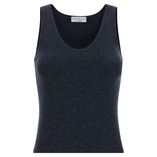 Brunello Cucinelli Blue Cashmere Sleeveles T-Shirt