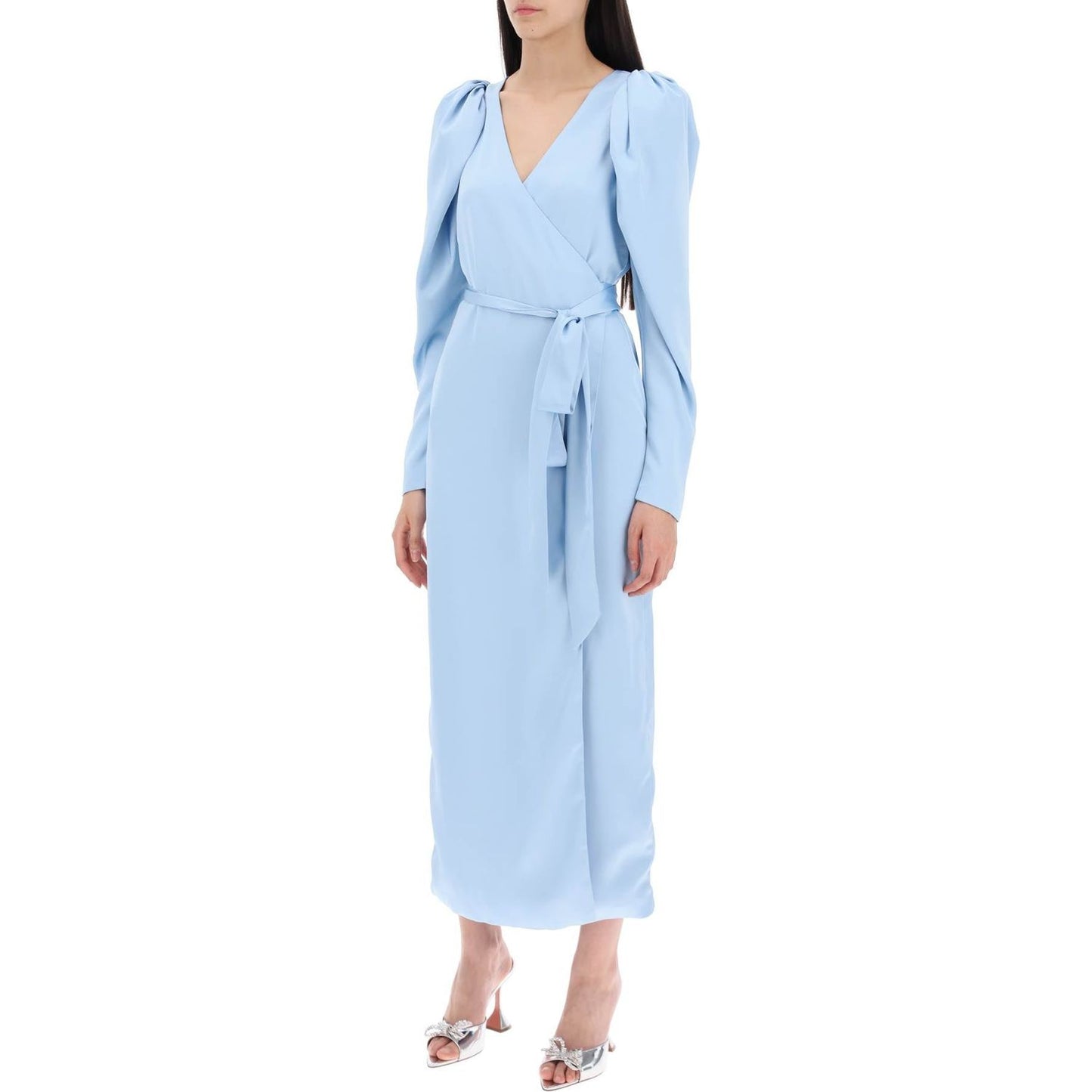 Rotate satin wrap midi dress with a crossover