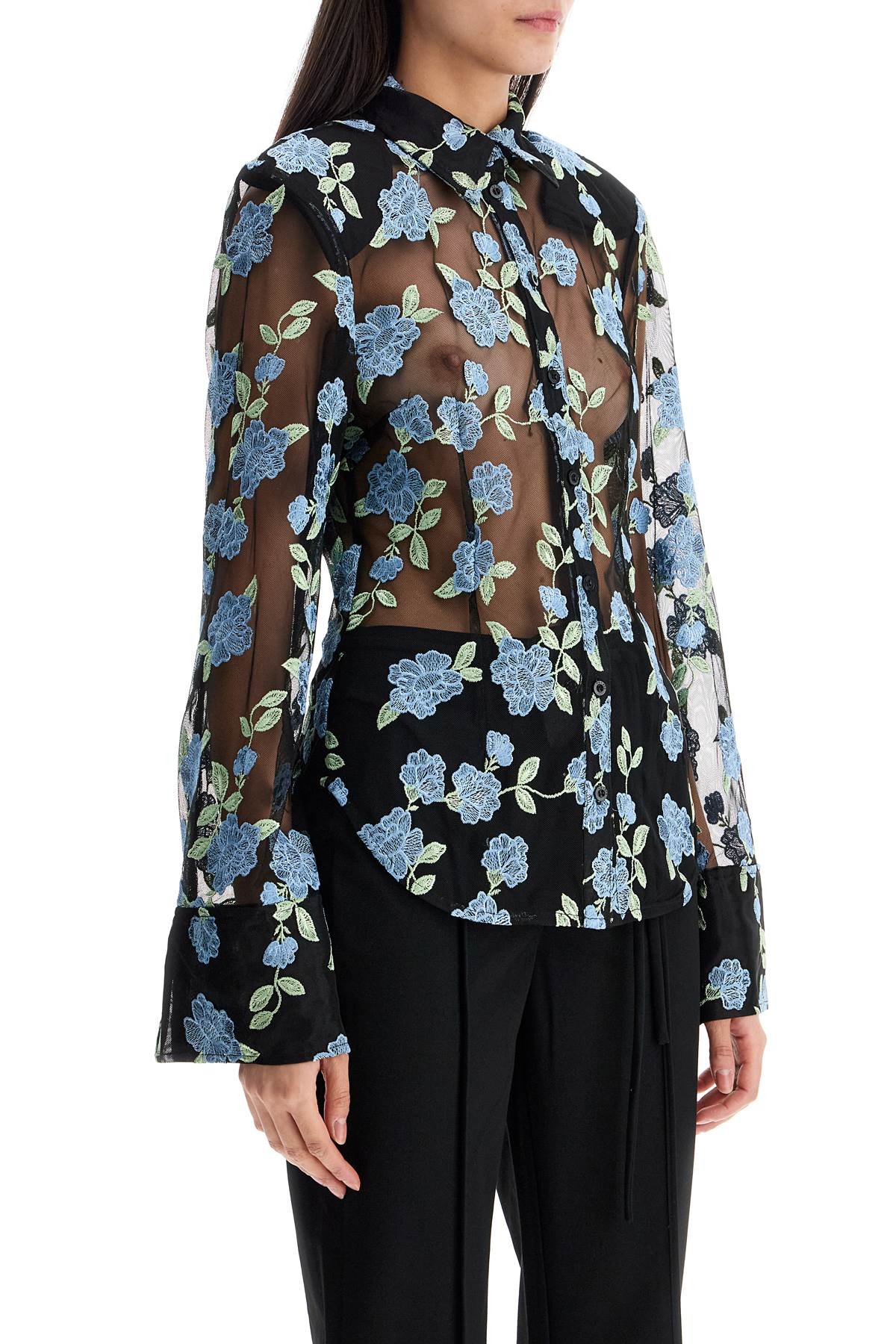 Rotate black mesh shirt with floral embroidery Topwear Rotate