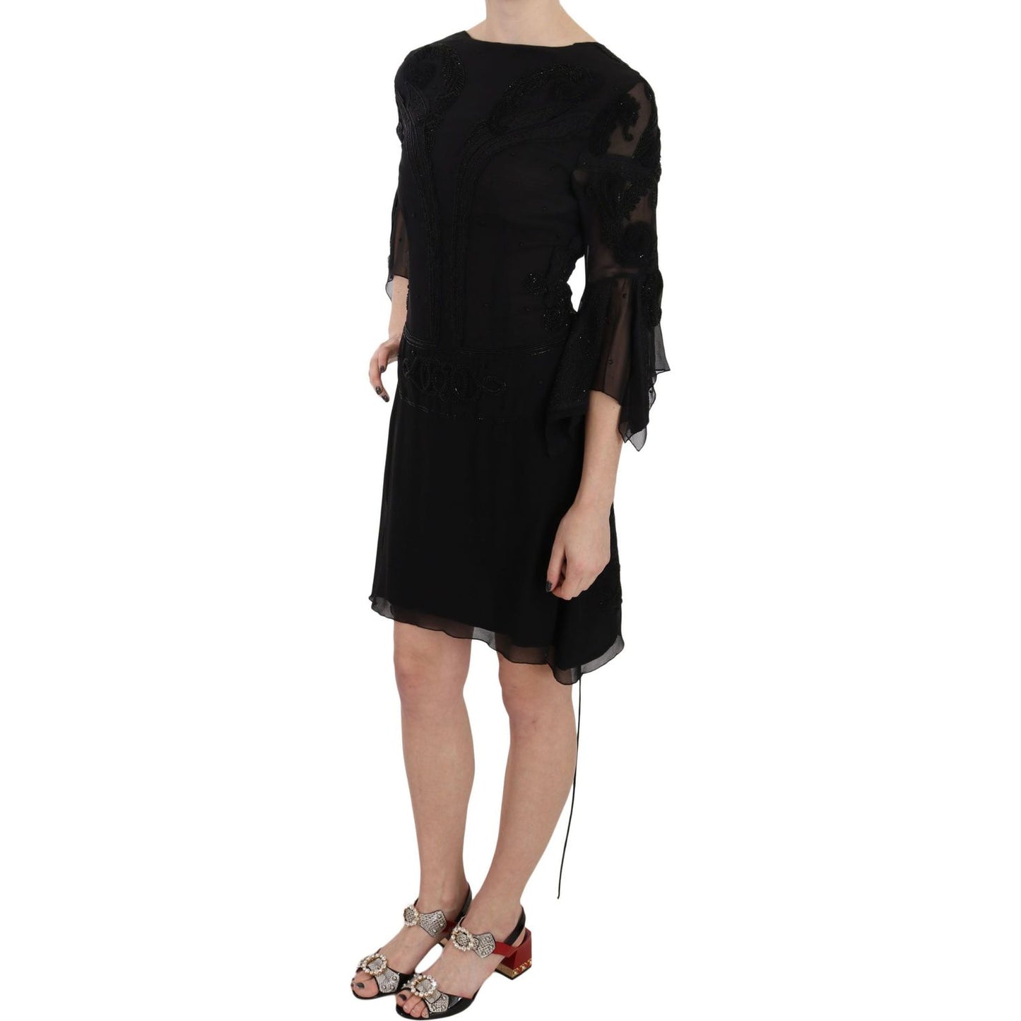 John Richmond Elegant Black Sequined Silk Mini Dress John Richmond