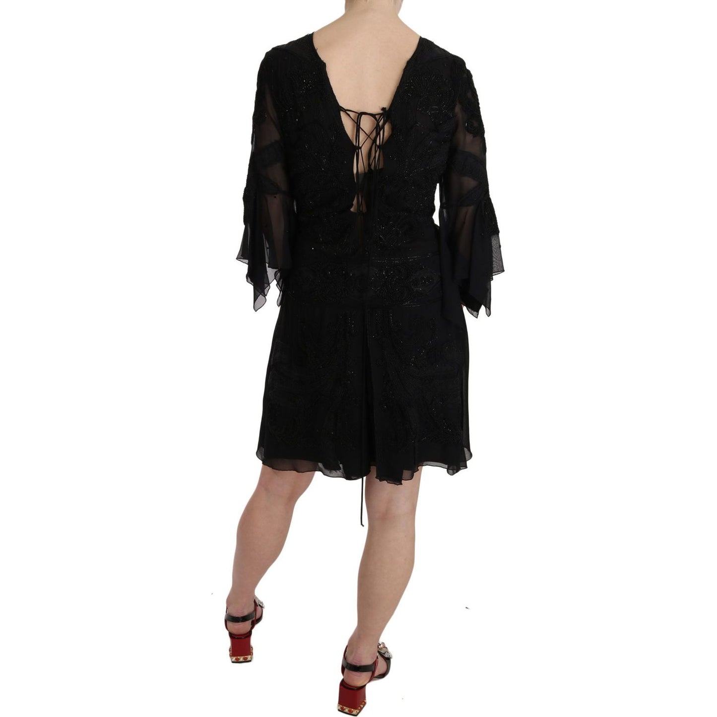 John Richmond Elegant Black Sequined Silk Mini Dress John Richmond