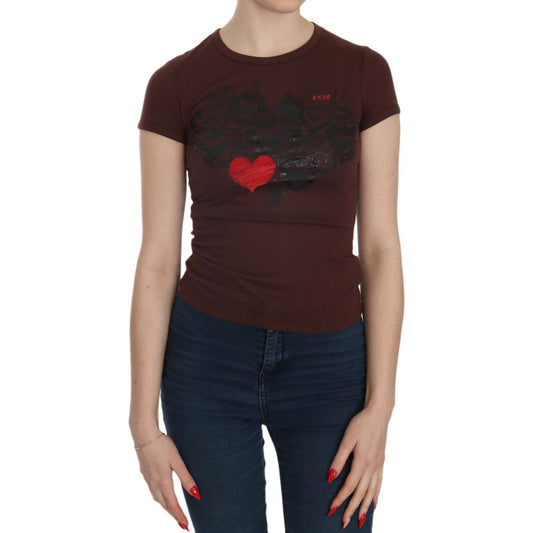 Exte Brown Hearts Short Sleeve Casual T-shirt Top Exte