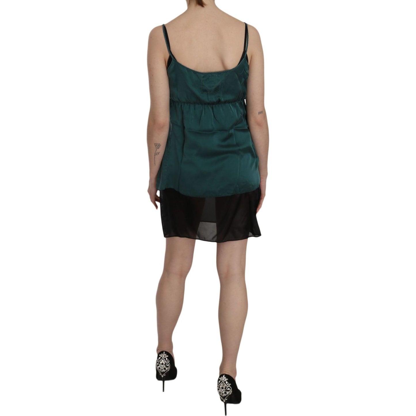 PINK MEMORIES Silk Green Spaghetti Strap Shift Mini Dress