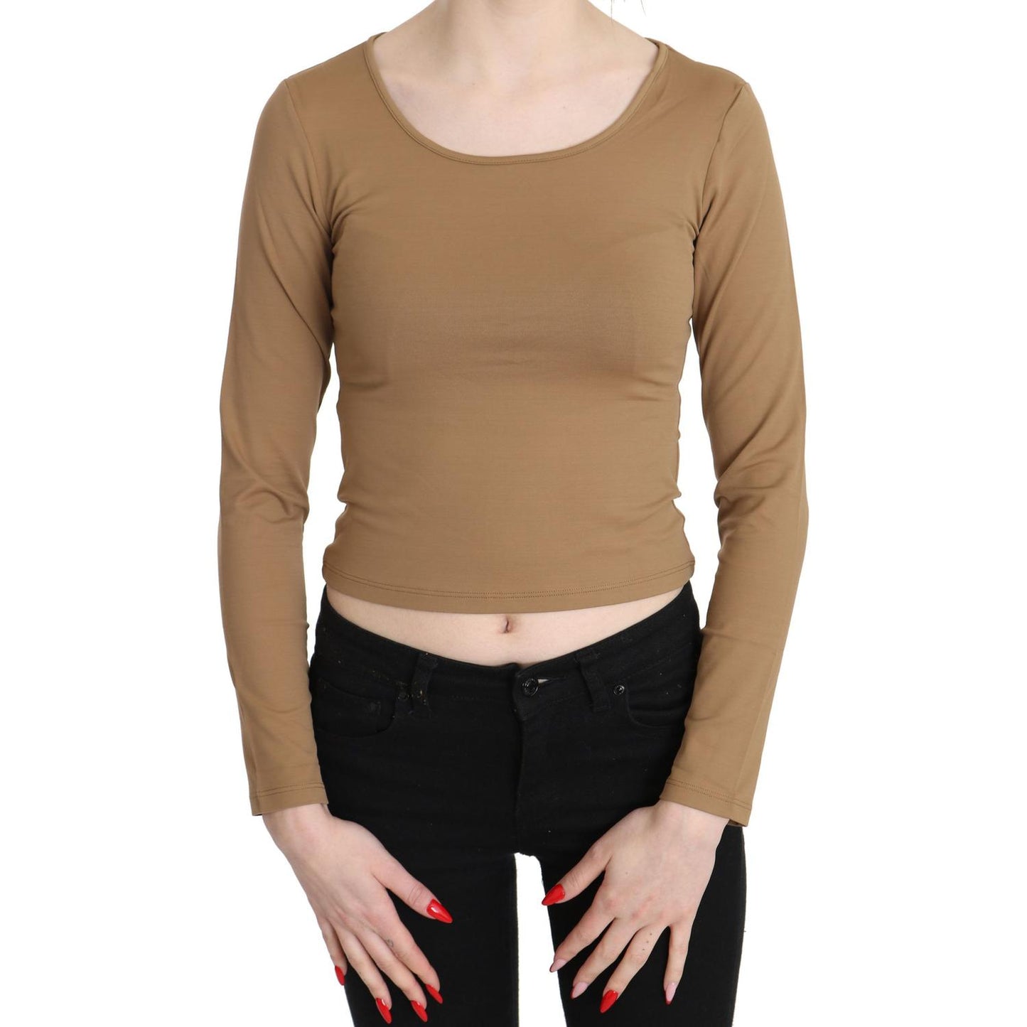GF Ferre Brown Round Neck Long Sleeve Slim Crop Top Blouse