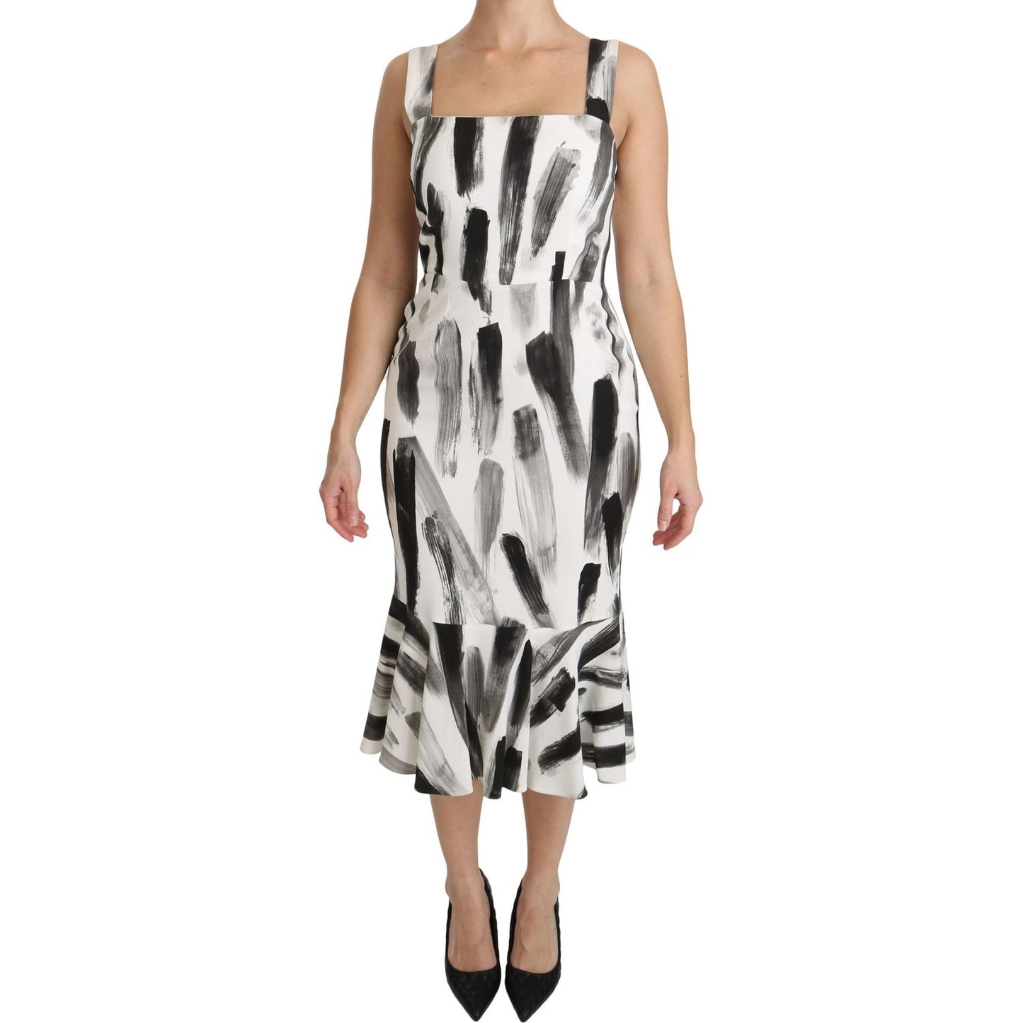 Dolce & Gabbana White Black Printed Sheath Midi Viscose Dress