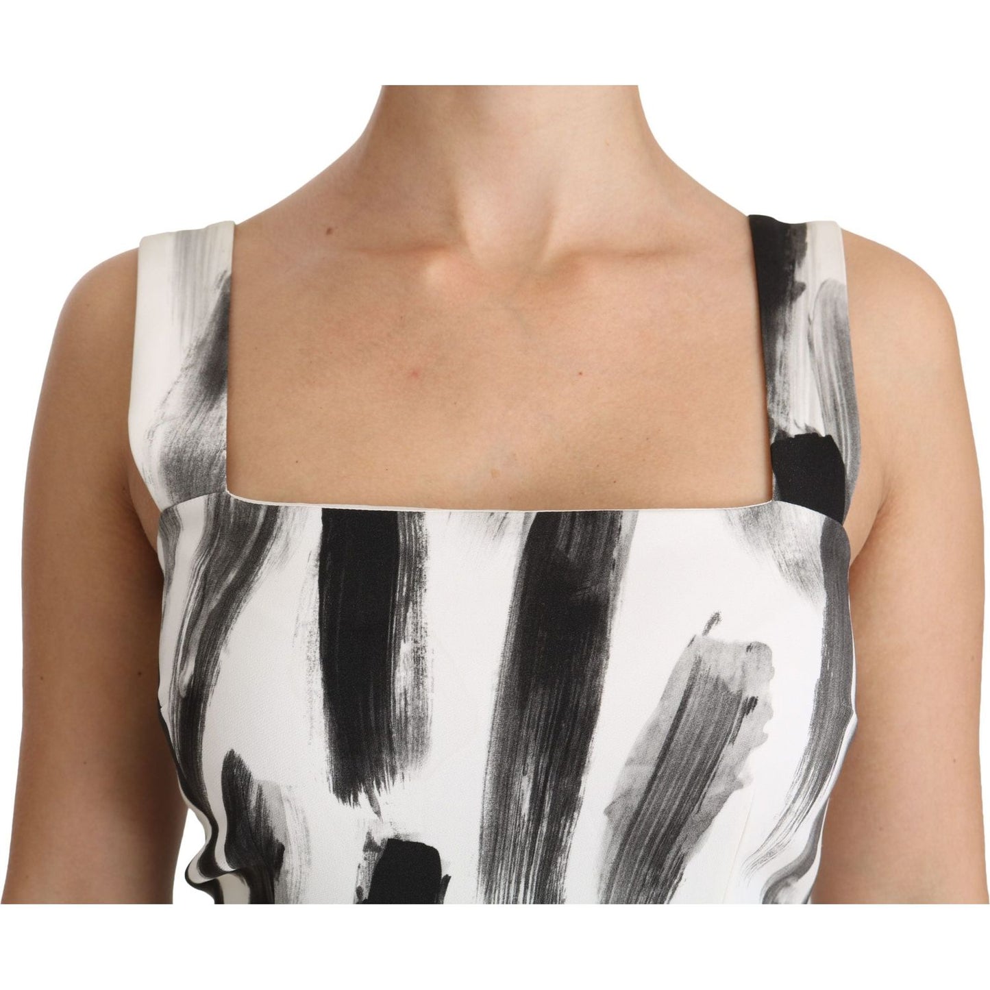 Dolce & Gabbana White Black Printed Sheath Midi Viscose Dress