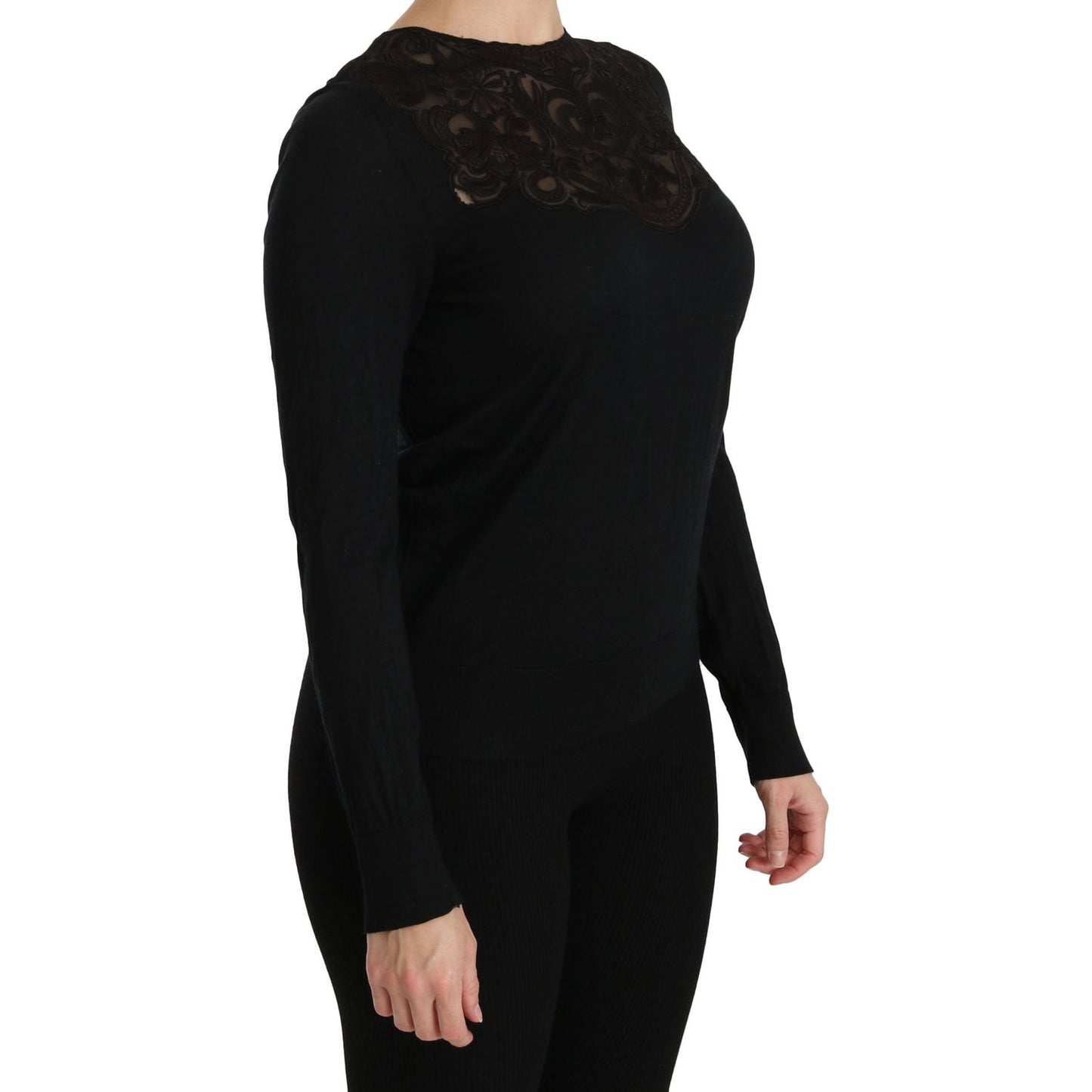 Dolce & Gabbana Black Silk Lace Crew Neck Long Sleeve Blouse
