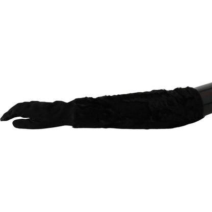 Dolce & Gabbana Black Elbow Length Mitten Suede Fur Gloves