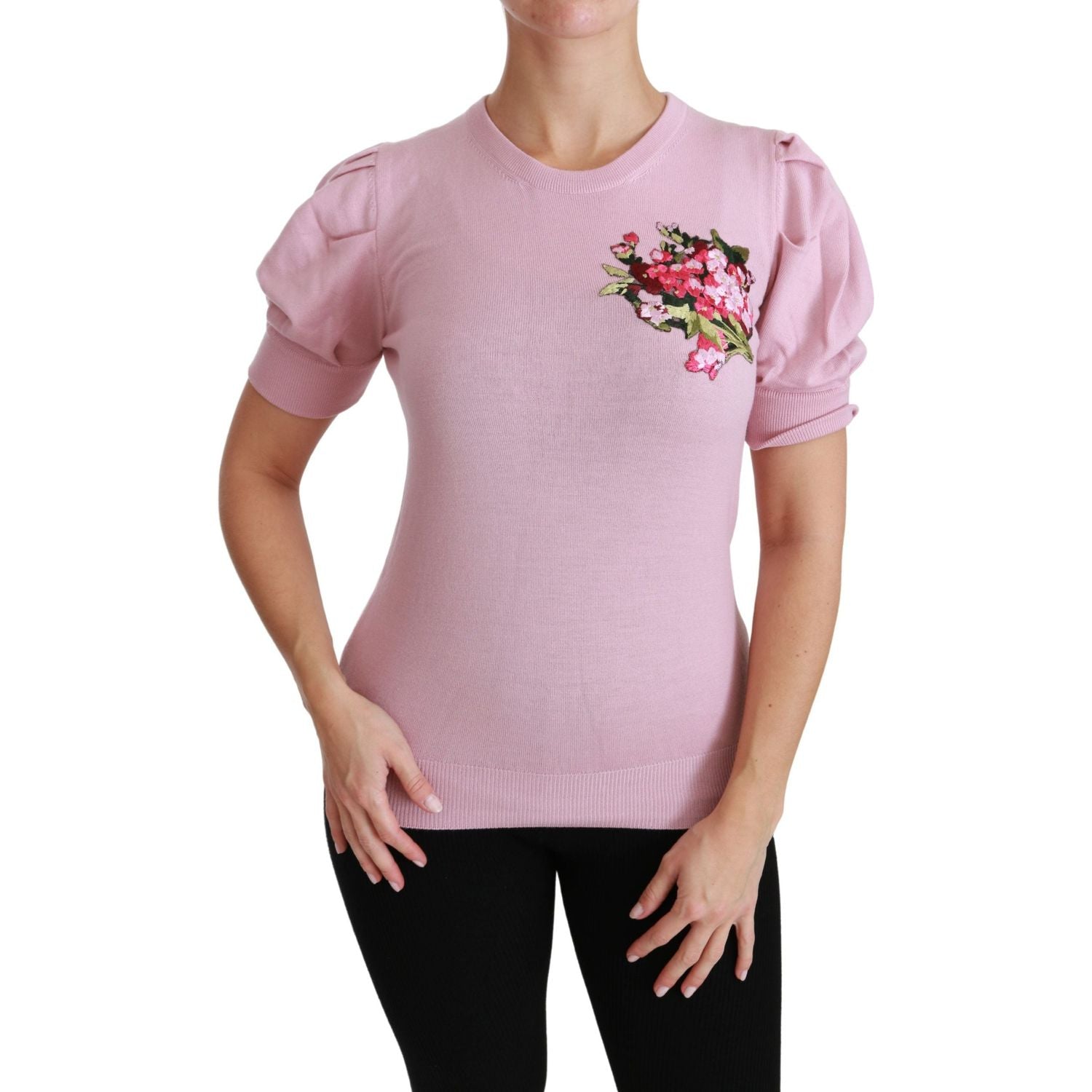 Dolce & Gabbana Pink Floral Embroidered Blouse Wool Top