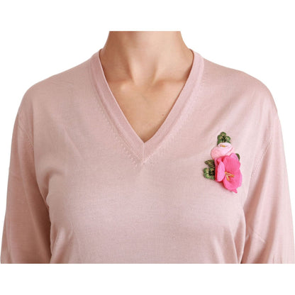 Dolce & Gabbana Pink Floral Embellished Pullover Silk Sweater