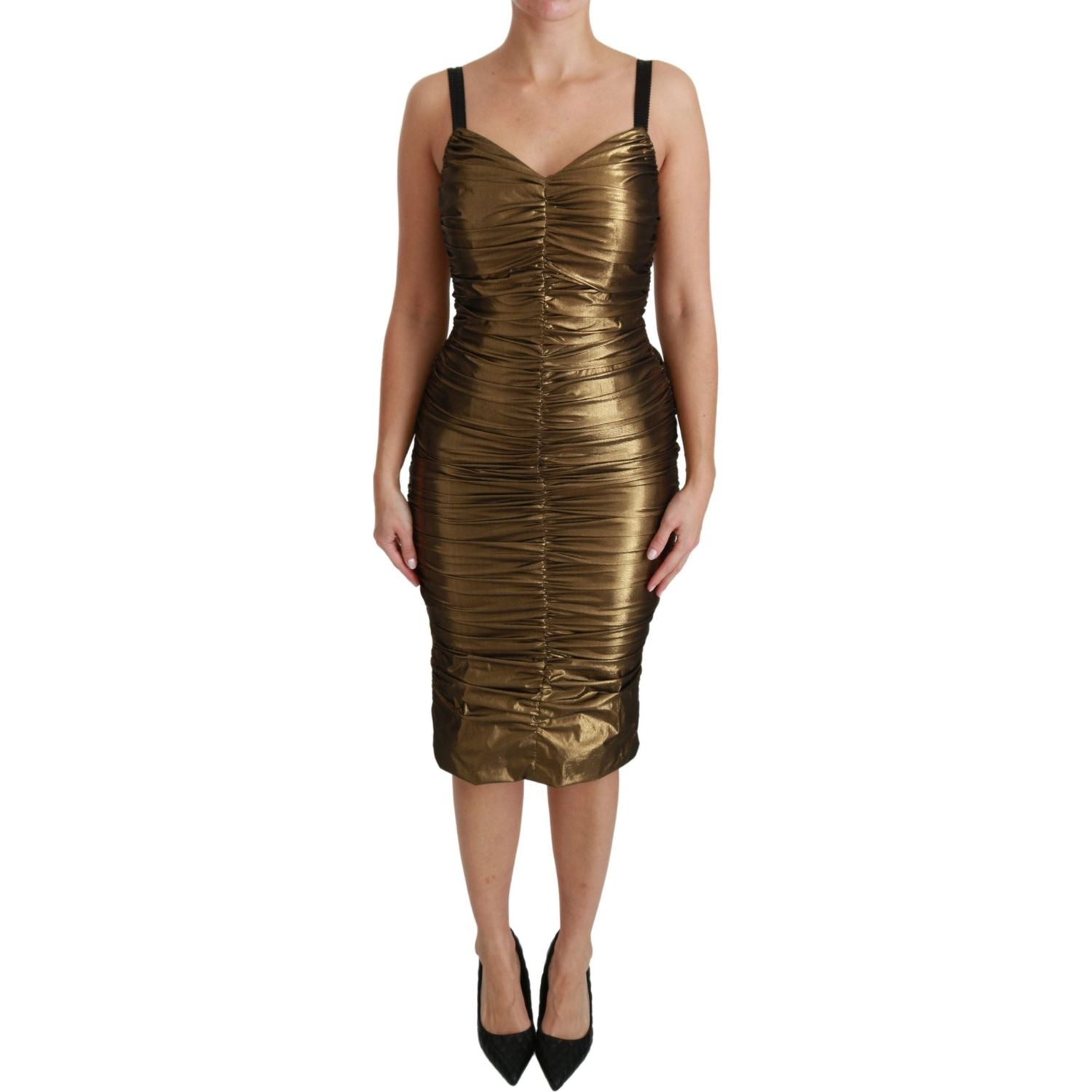 Dolce & Gabbana Gold Metallic Stretch Bodycon Ruched Dress