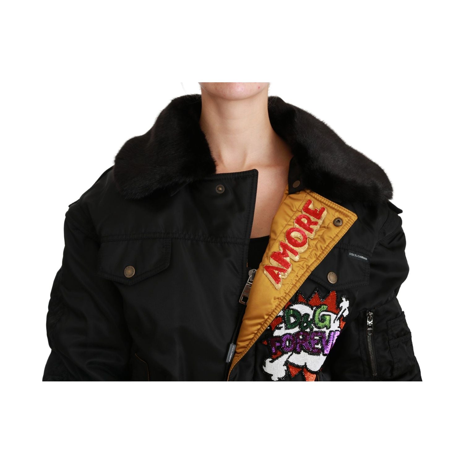 Dolce & Gabbana Black Queen Crown Sequined Bomber Jacket