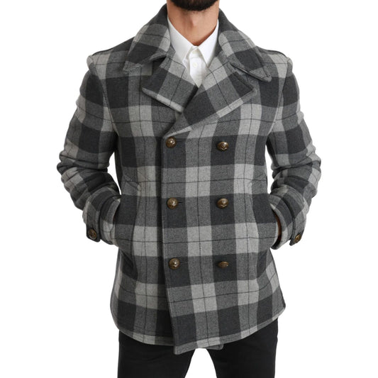 Elegant Gray Check Double Breasted Coat