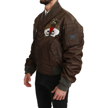 Dolce & Gabbana Brown Beaded Crown Skull Logo Jacket