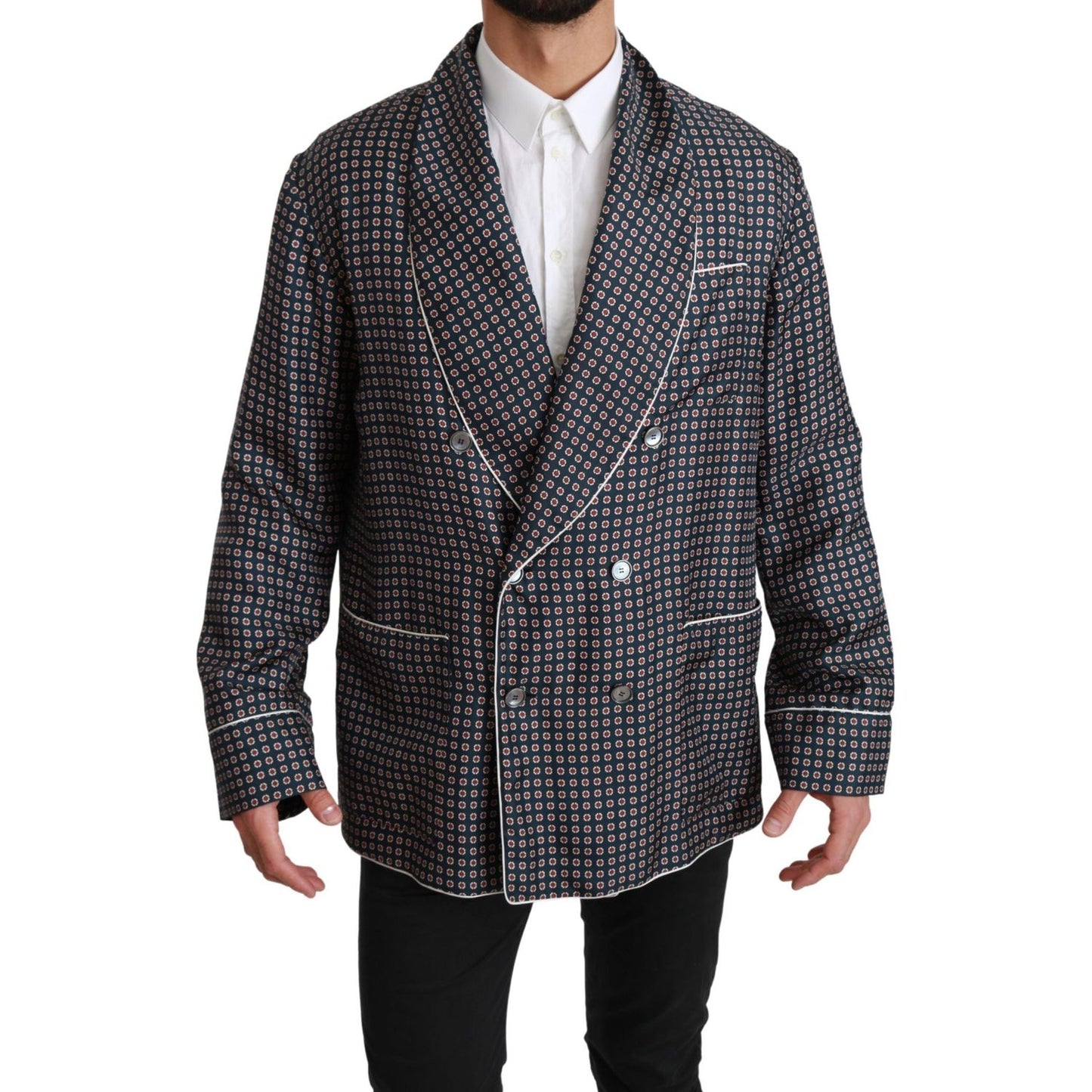 Dolce & Gabbana Navy Blue Patterned Double Breasted Coat Jacket