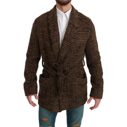 Dolce & Gabbana Brown Checkered Wool Robe Coat Wrap Jacket Coats & Jackets