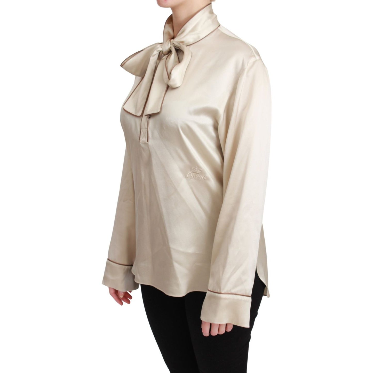 Dolce & Gabbana Elegant Beige Silk Satin Blouse with QUEEN Embroidery Dolce & Gabbana