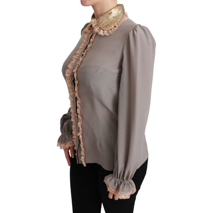 Dolce & Gabbana Gray Silk Gold Sequin Lace Blouse Shirt