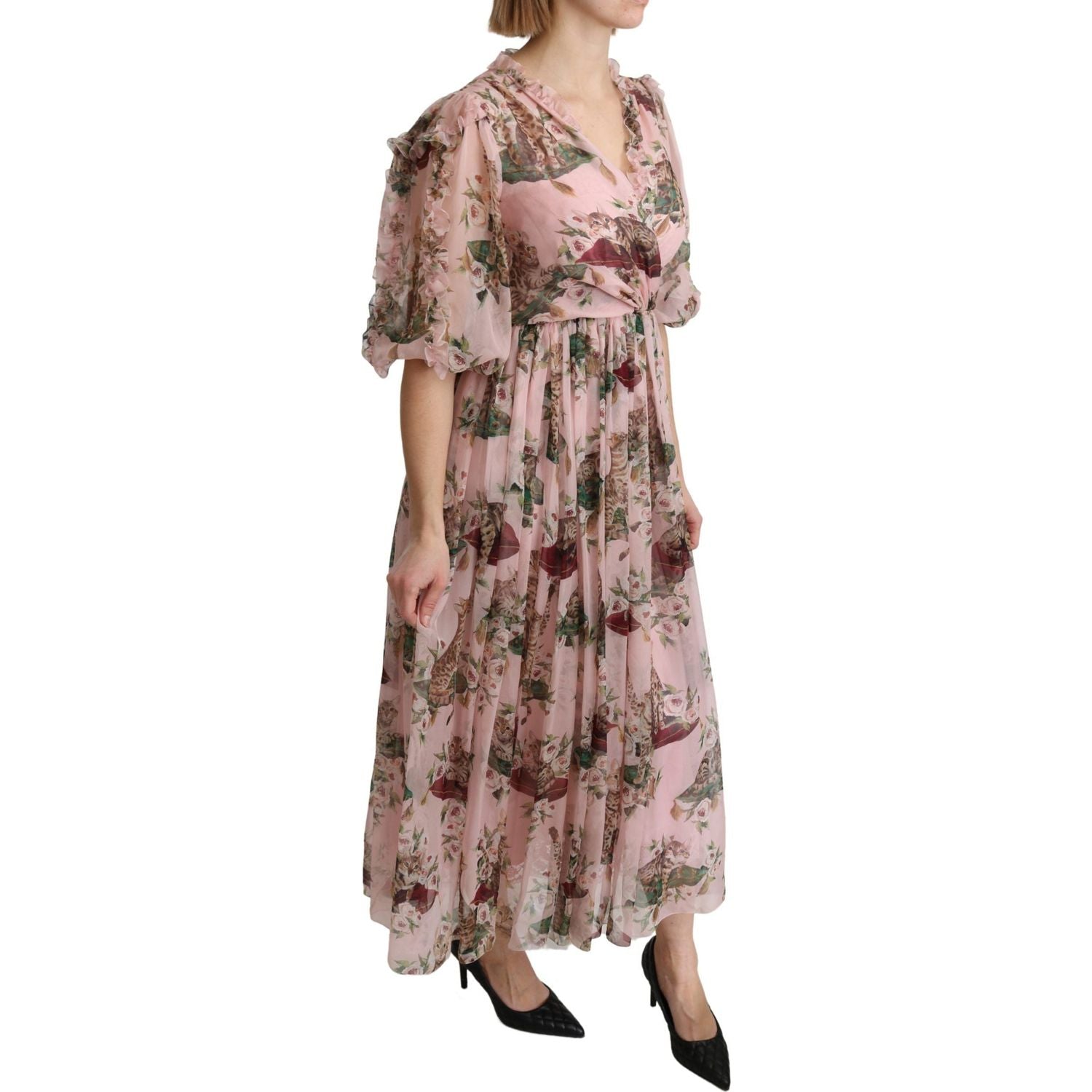 Dolce & Gabbana Pink Bengal Cat Print A-line Maxi Silk  Dress