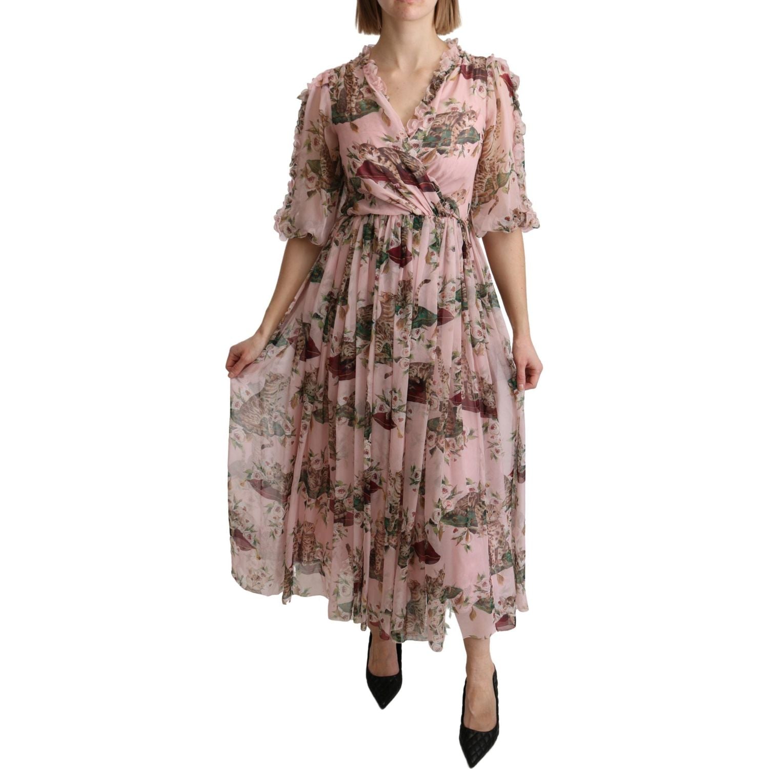 Dolce & Gabbana Pink Bengal Cat Print A-line Maxi Silk  Dress