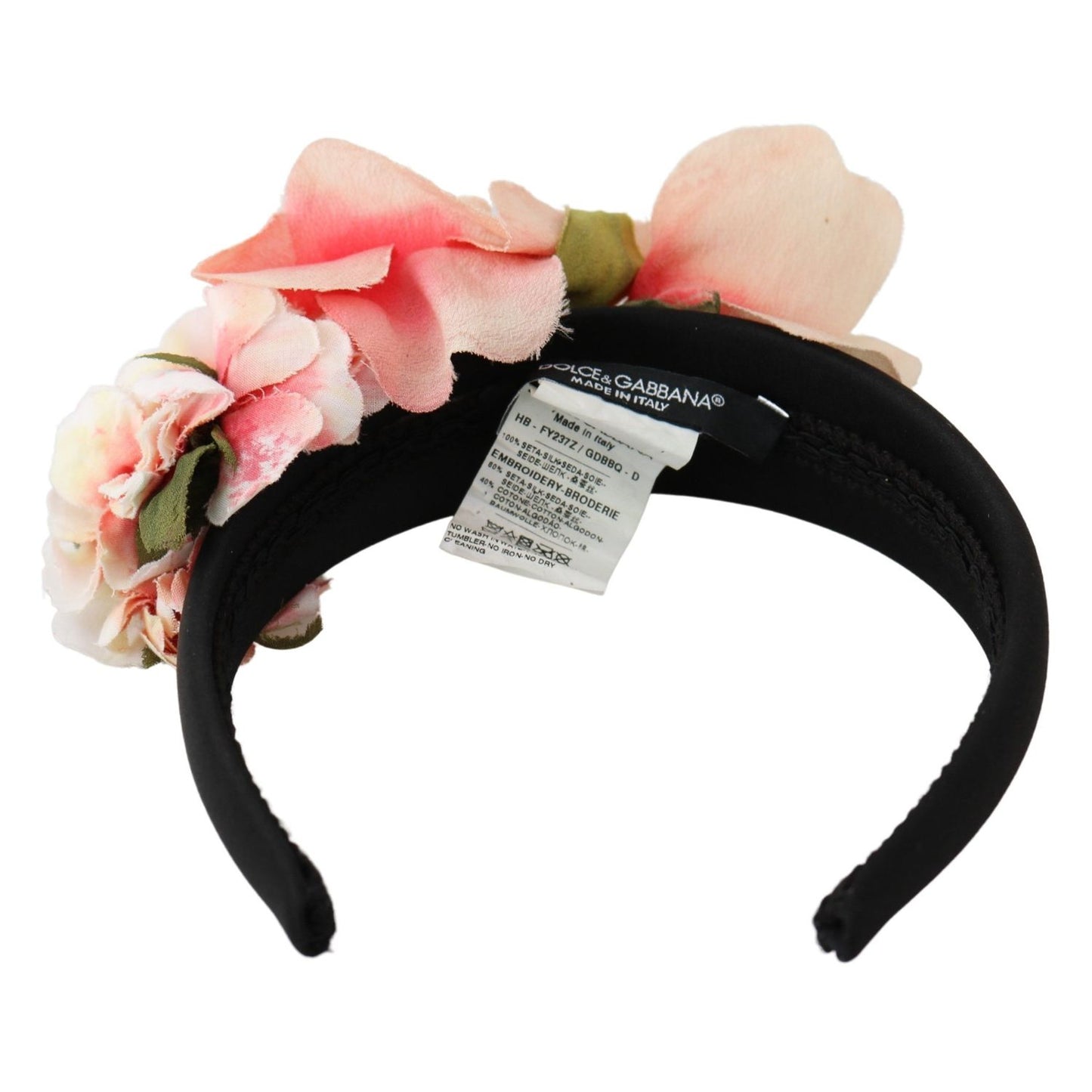 Dolce & Gabbana Pink Silk Black Floral Headband Logo Diadem