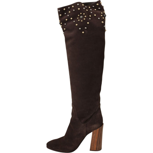 Studded Suede Knee High Boots in Brown