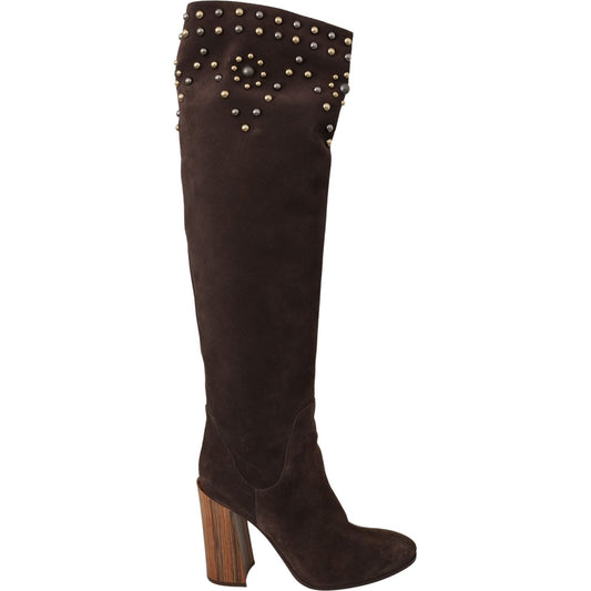 Studded Suede Knee High Boots in Brown