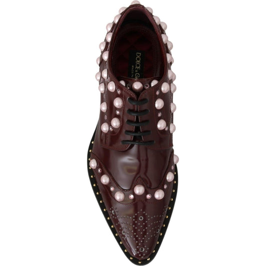 Dolce & Gabbana Elegant Bordeaux Lace-Up Flats with Pearls and Crystals Dolce & Gabbana