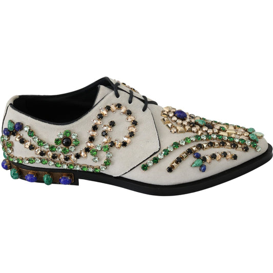 Dolce & Gabbana Elegant White Suede Dress Flats with Crystals Dolce & Gabbana