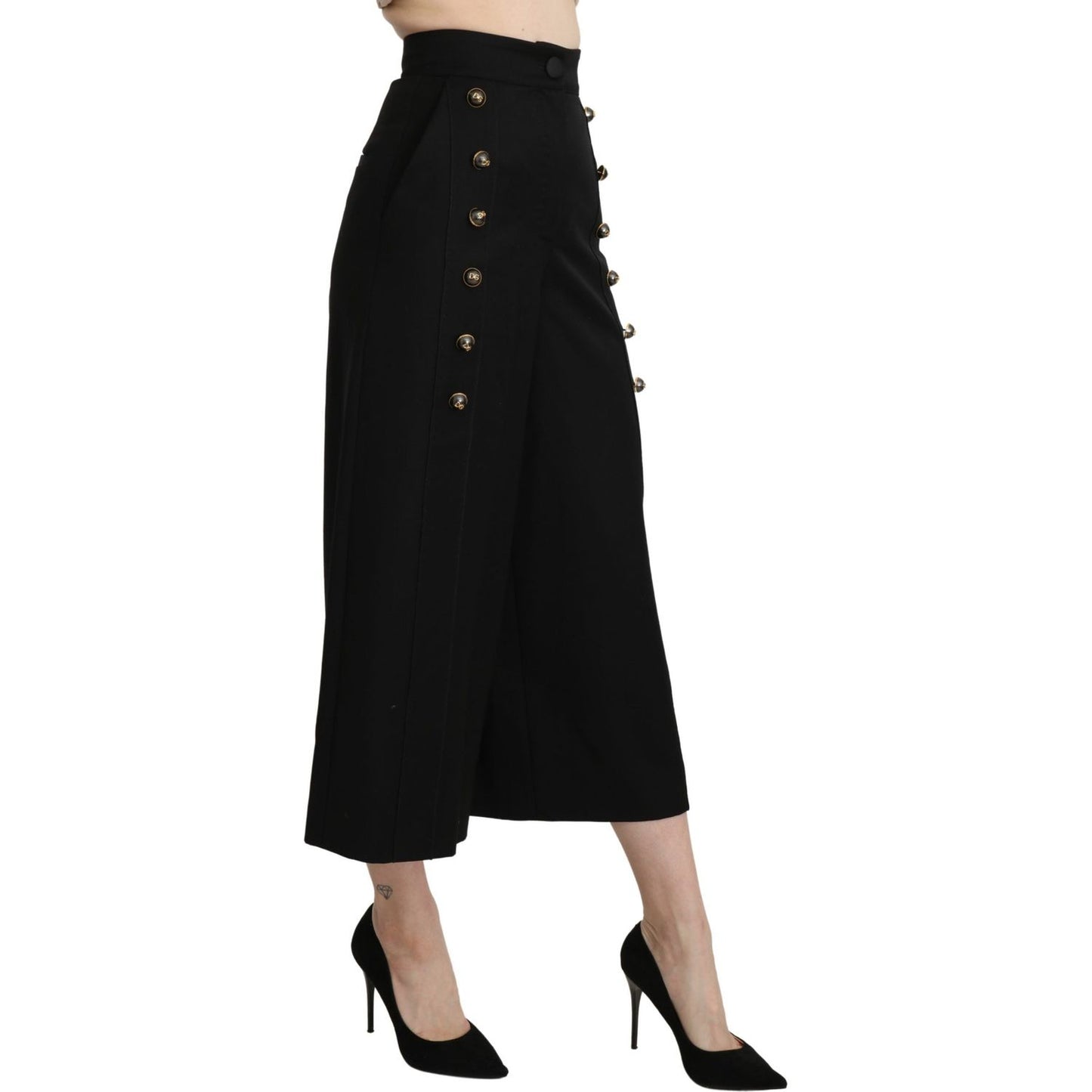 Dolce & Gabbana Black Wide Wool Leg Cropped Trouser Pant