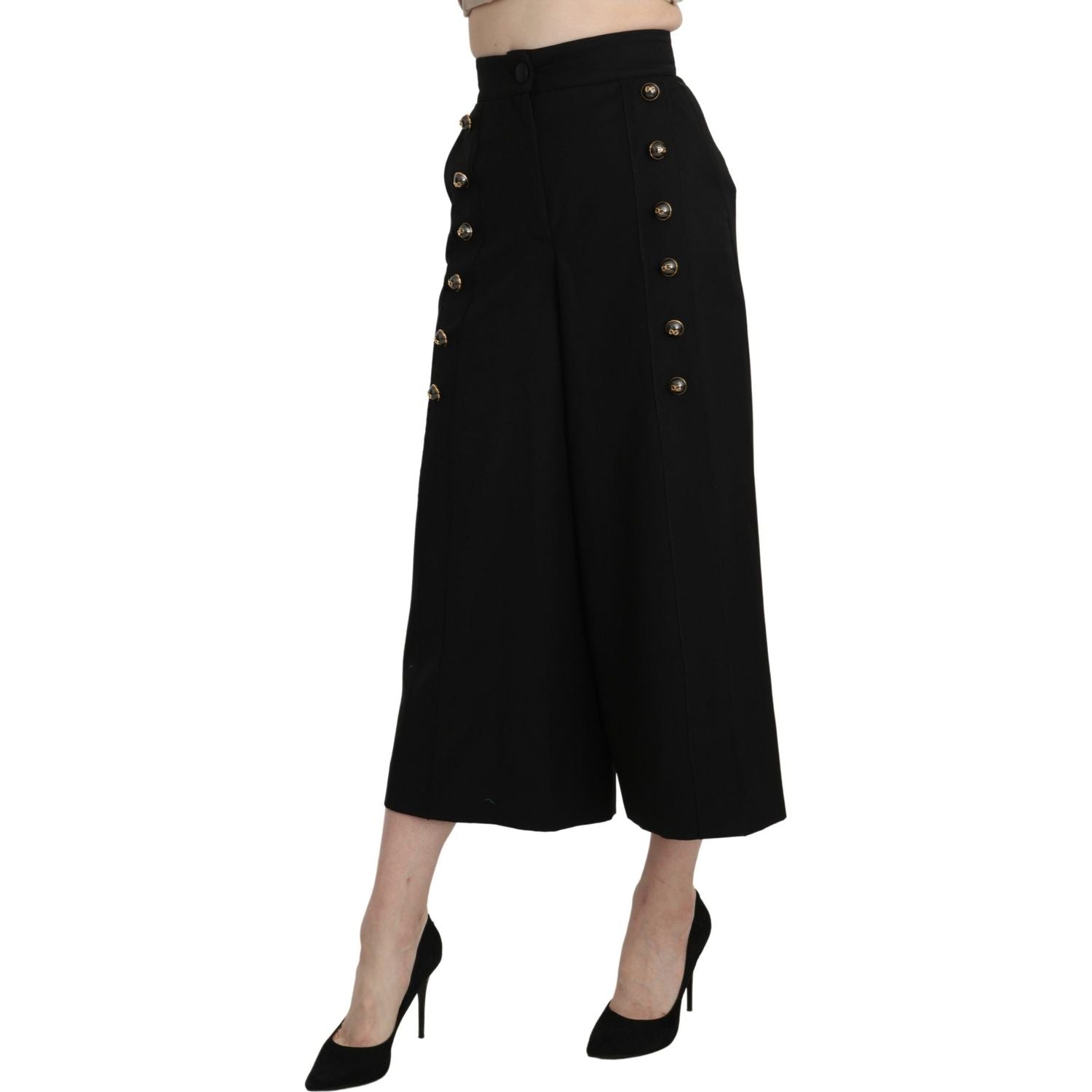 Dolce & Gabbana Black Wide Wool Leg Cropped Trouser Pant