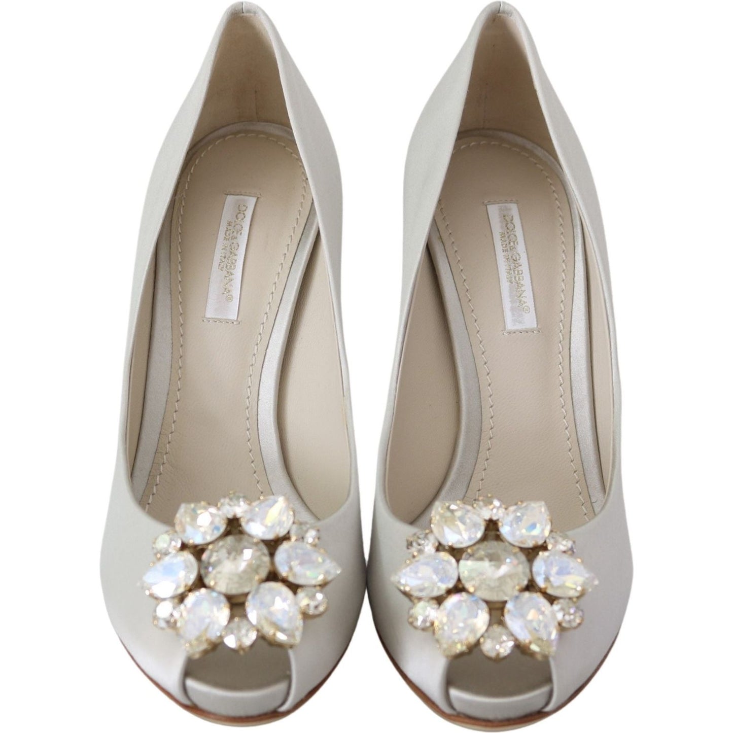 Dolce & Gabbana White Crystal Peep Toe Silk Blend Heels Dolce & Gabbana