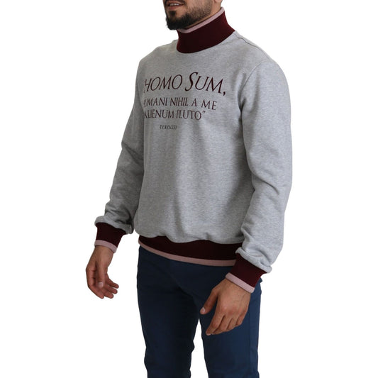 Elegant Gray Turtleneck Latin Motif Pullover