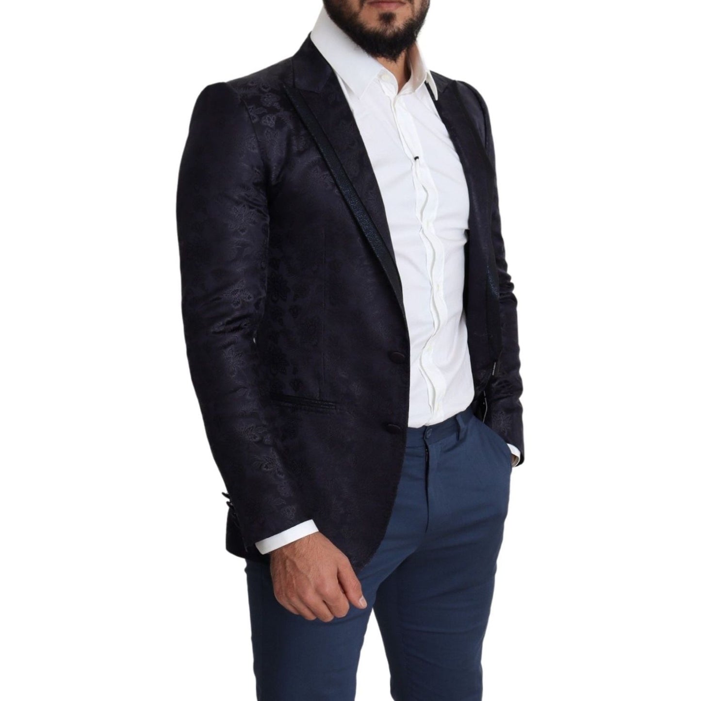 Dolce & Gabbana Blue Floral Jacquard Silk Coat MARTINI Blazer