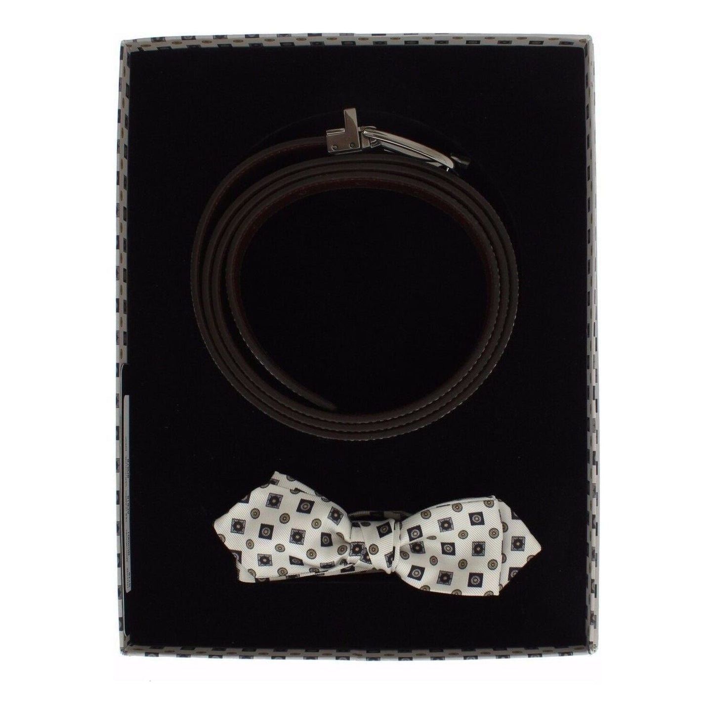 Dolce & Gabbana White Silk Bowtie Leather Men Belt Gift Box